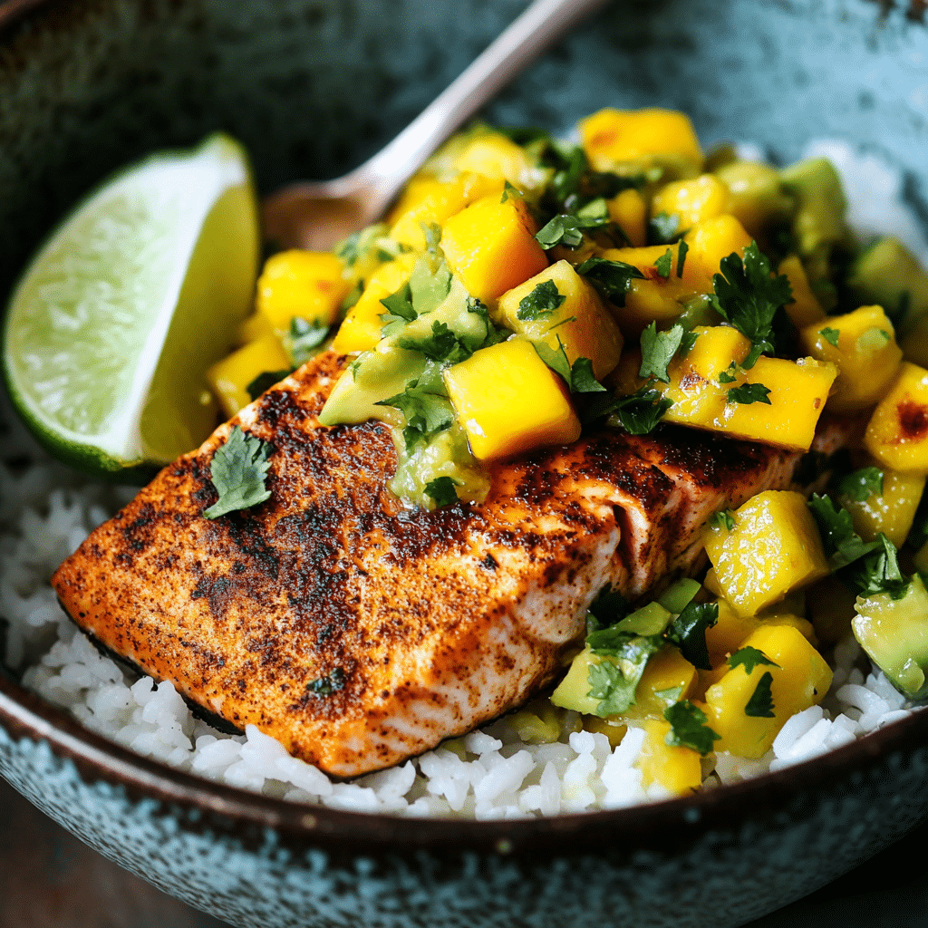 BBQ Salmon Bowls with Mango Avocado Salsa