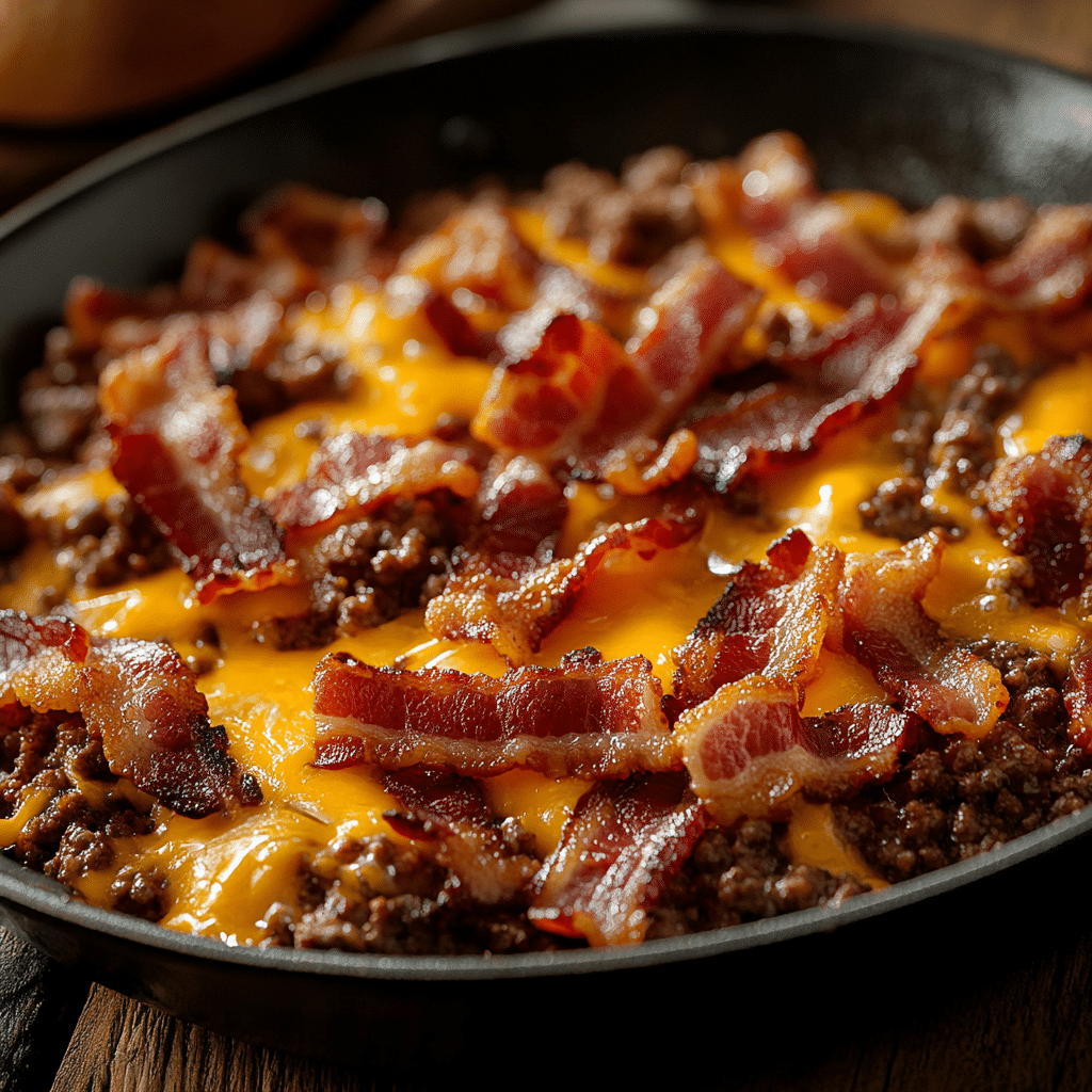 Crispy Garlic Butter Bacon Cheeseburger Skillet