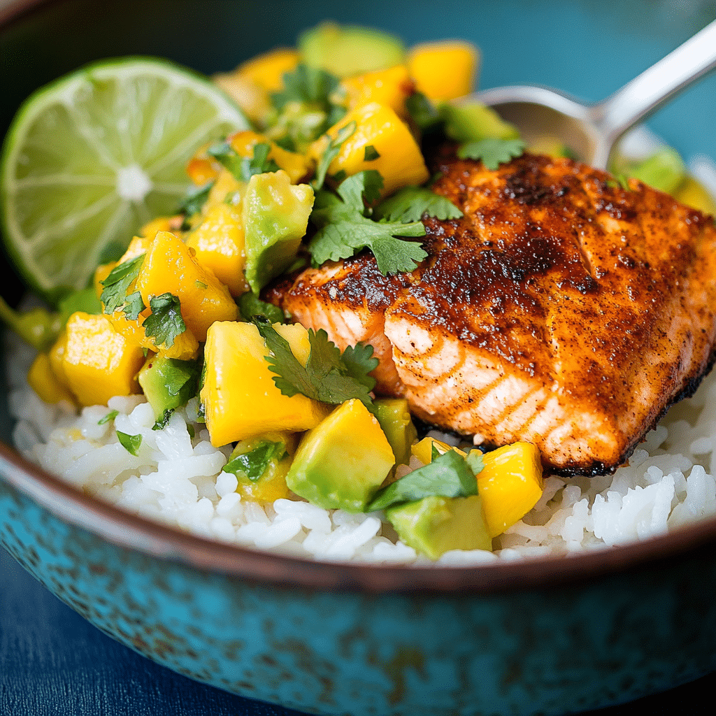 BBQ Salmon Bowls with Mango Avocado Salsa