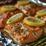 Baked Salmon in Foil with Asparagus and Lemon Garlic Butter Sauce