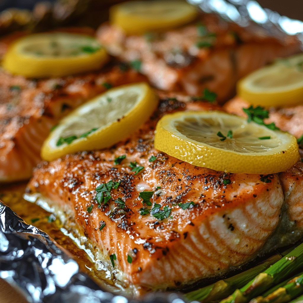 Baked Salmon in Foil with Asparagus and Lemon Garlic Butter Sauce