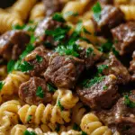 Cheesy Steak Bites and Rotini Pasta