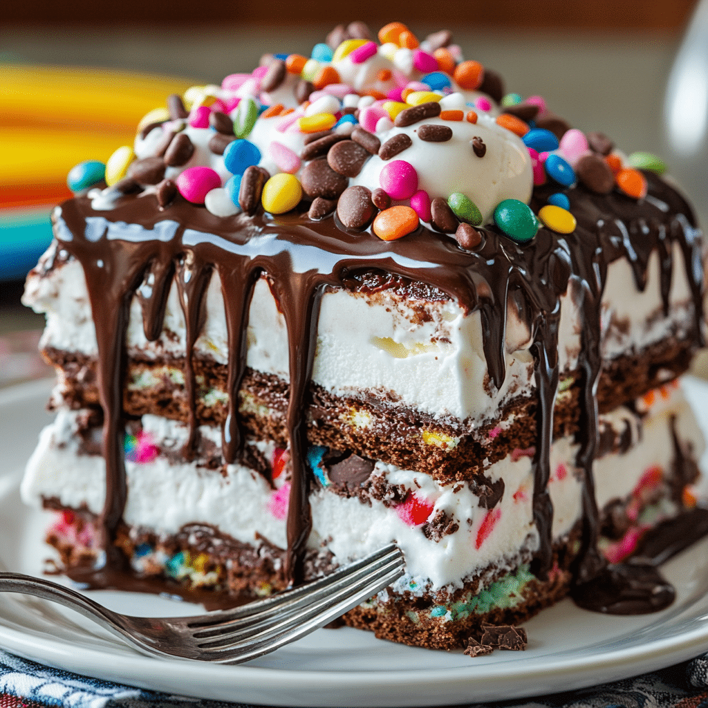 Super Easy M&M Ice Cream Sandwich Cake