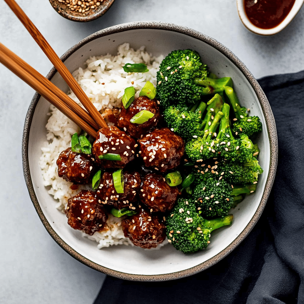 Sticky Mongolian Meatballs and Broccoli