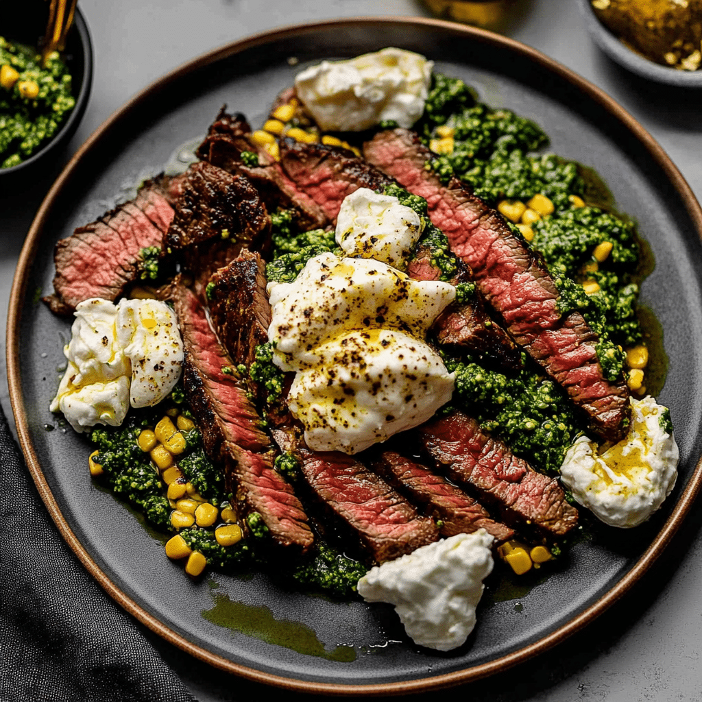 Pesto Steak (Grilled Flank Steak with Burrata & Pesto)