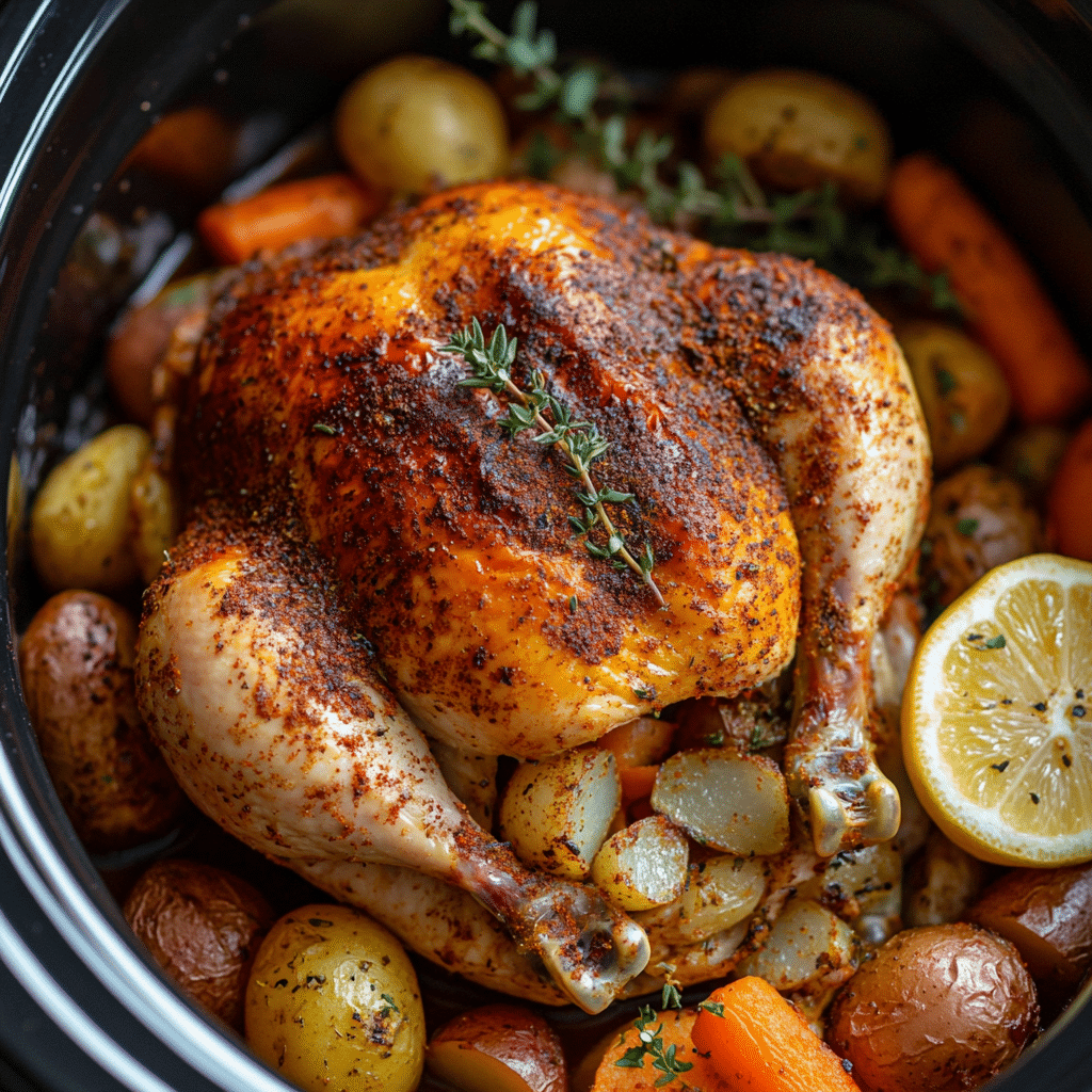 Slow Cooker Whole Chicken with Garlic + Herbs