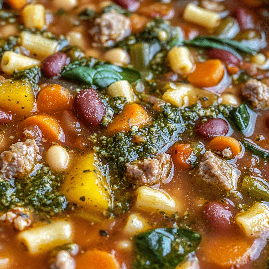 Minestrone with Sausage and Pesto (Stovetop or Slow Cooker)