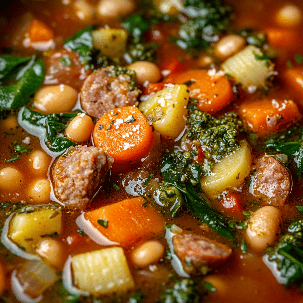 Minestrone with Sausage and Pesto (Stovetop or Slow Cooker)