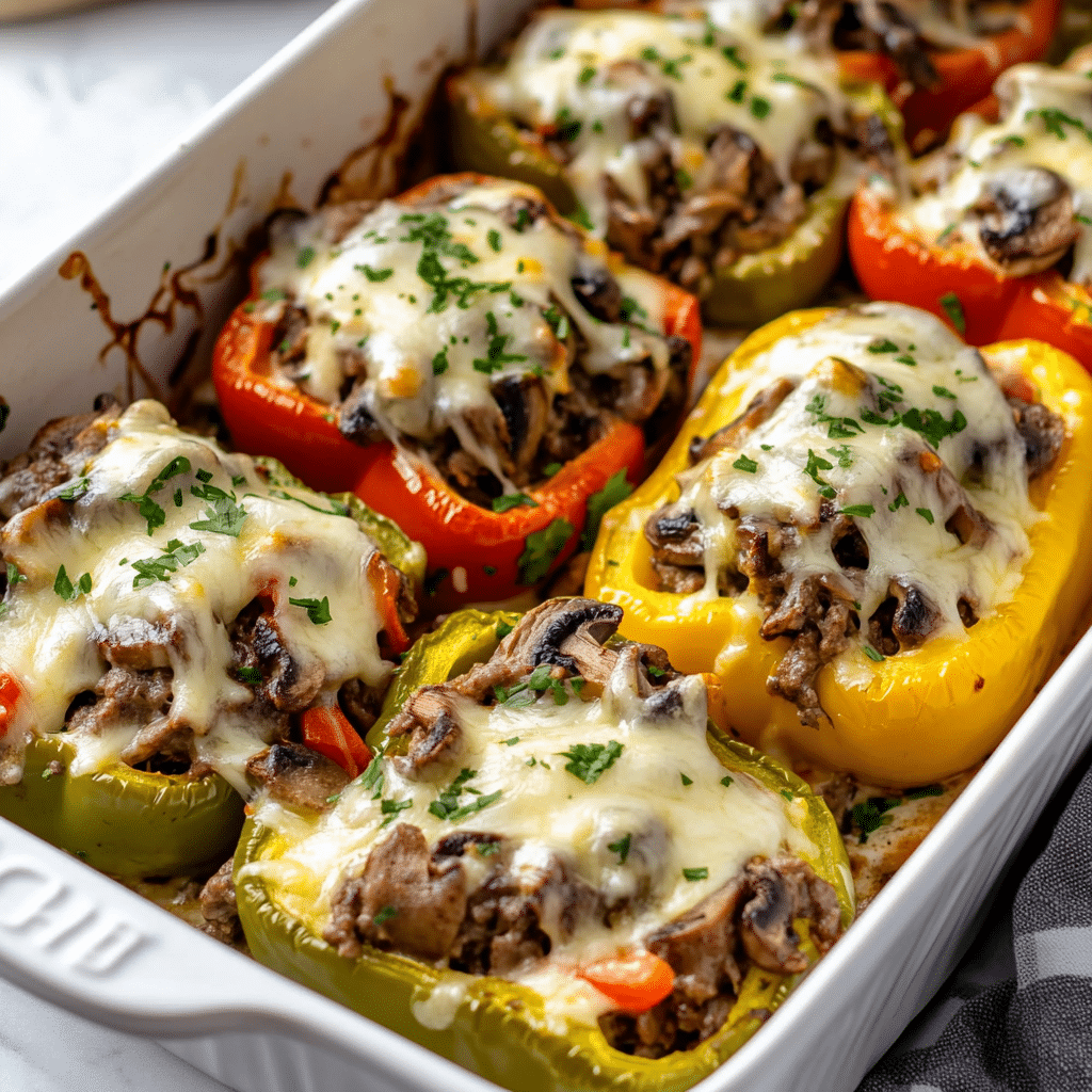 Easy Keto Philly Cheesesteak Stuffed Peppers