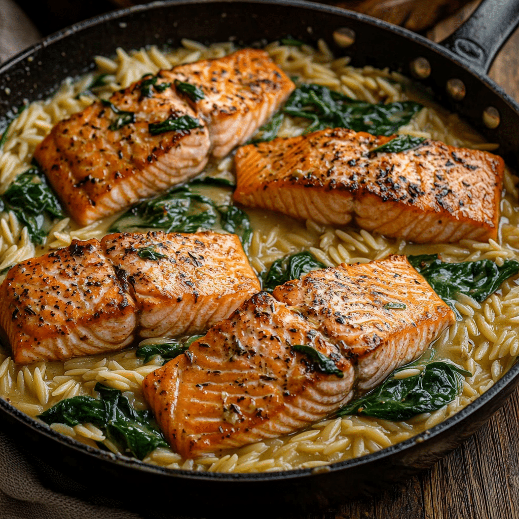 One Skillet Salmon with Lemon Orzo