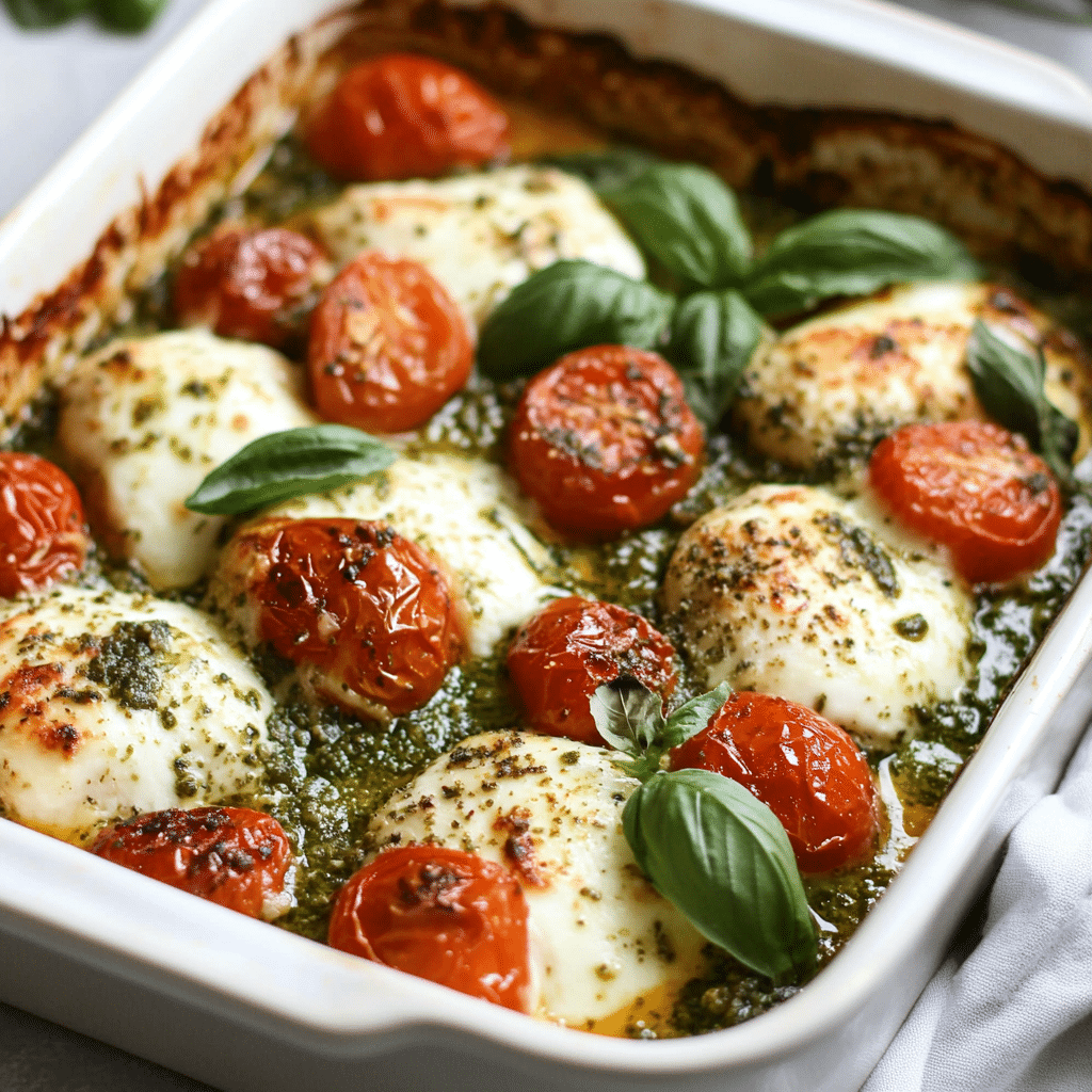 Basil Pesto Tomato Mozzarella Chicken Bake