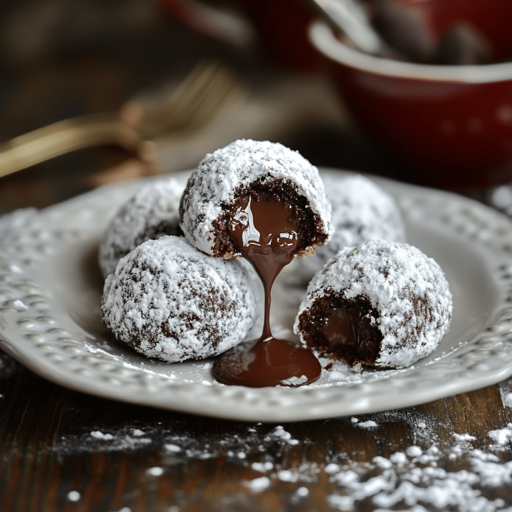 Chocolate Snowball Cookies with Melted Chocolate Centers