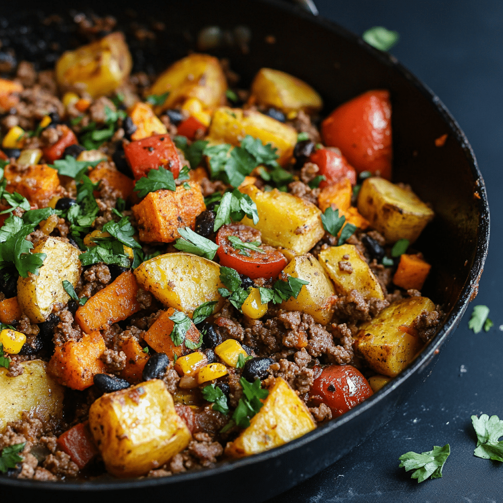 Southwest Ground Beef and Sweet Potato Skillet