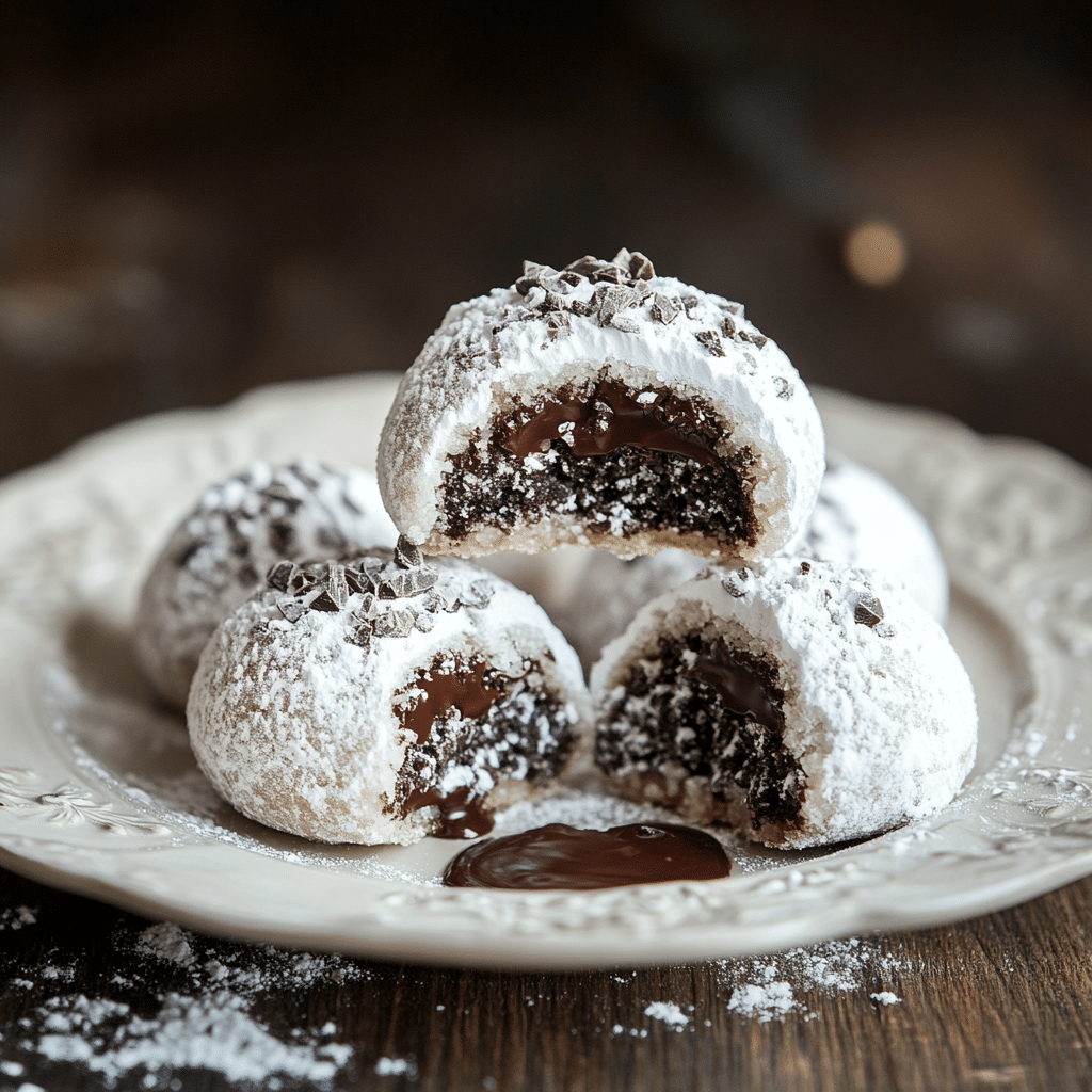 Chocolate Snowball Cookies with Melted Chocolate Centers