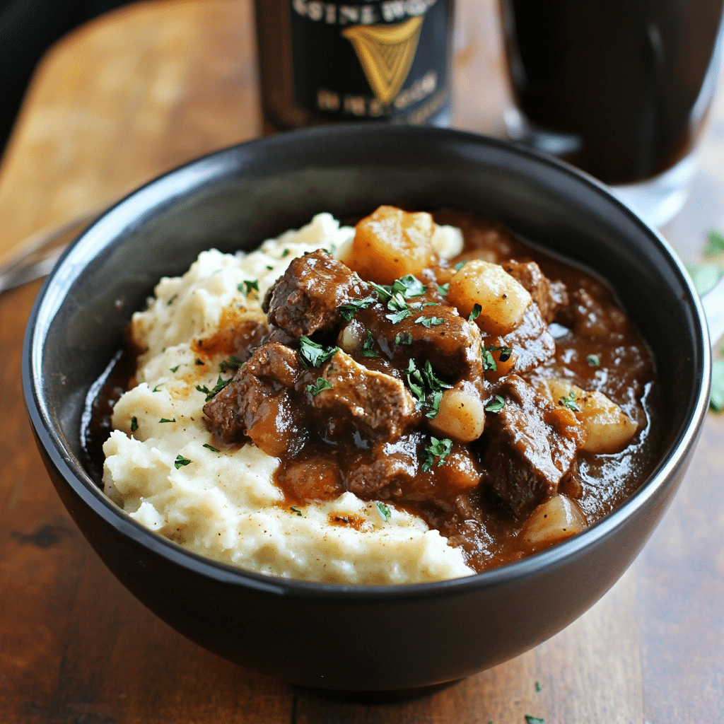 Steak and Guinness Stew with Irish White Cheddar Cauliflower Mash