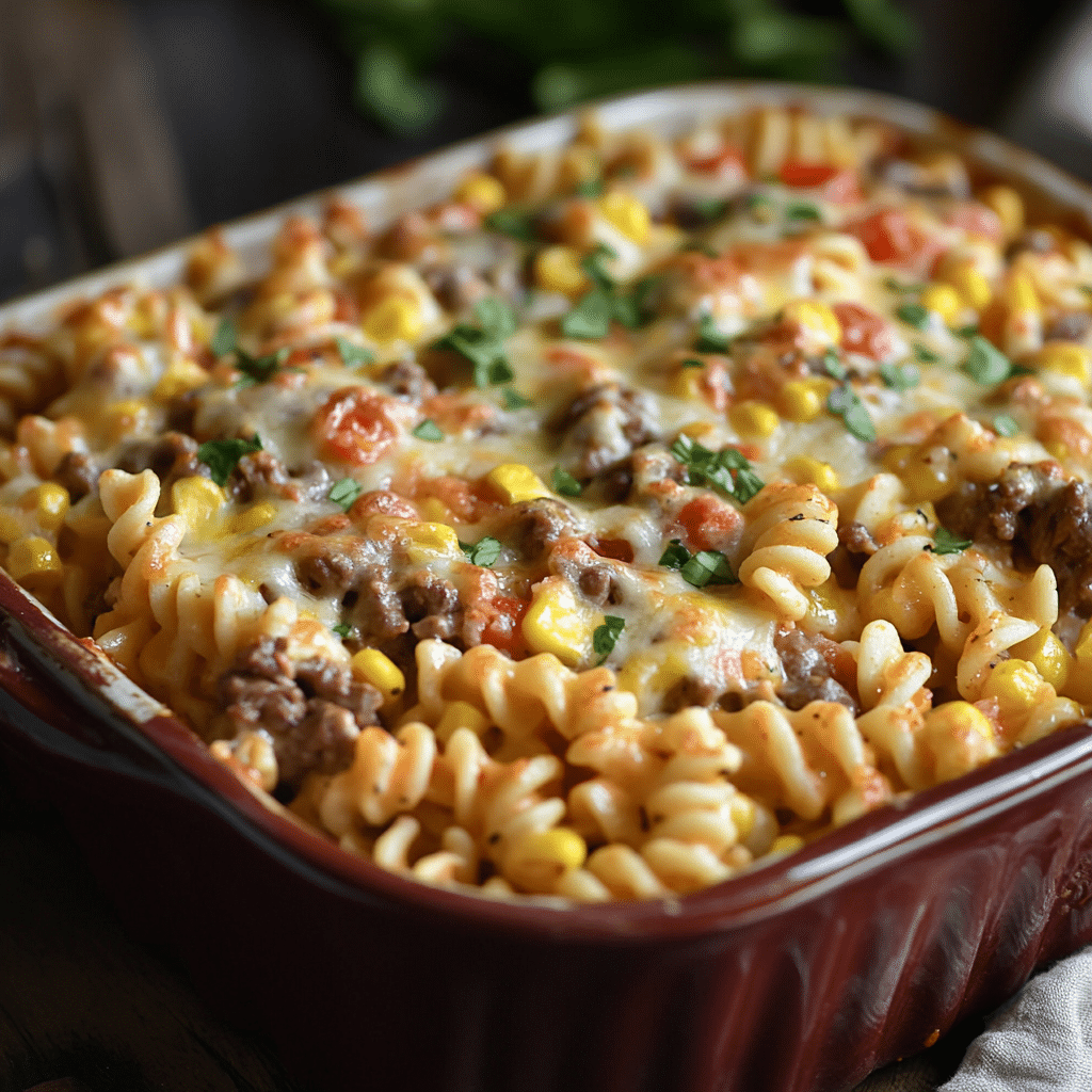 Loaded Cheddar Ranch Beef and Sweet Corn Rotini Bake