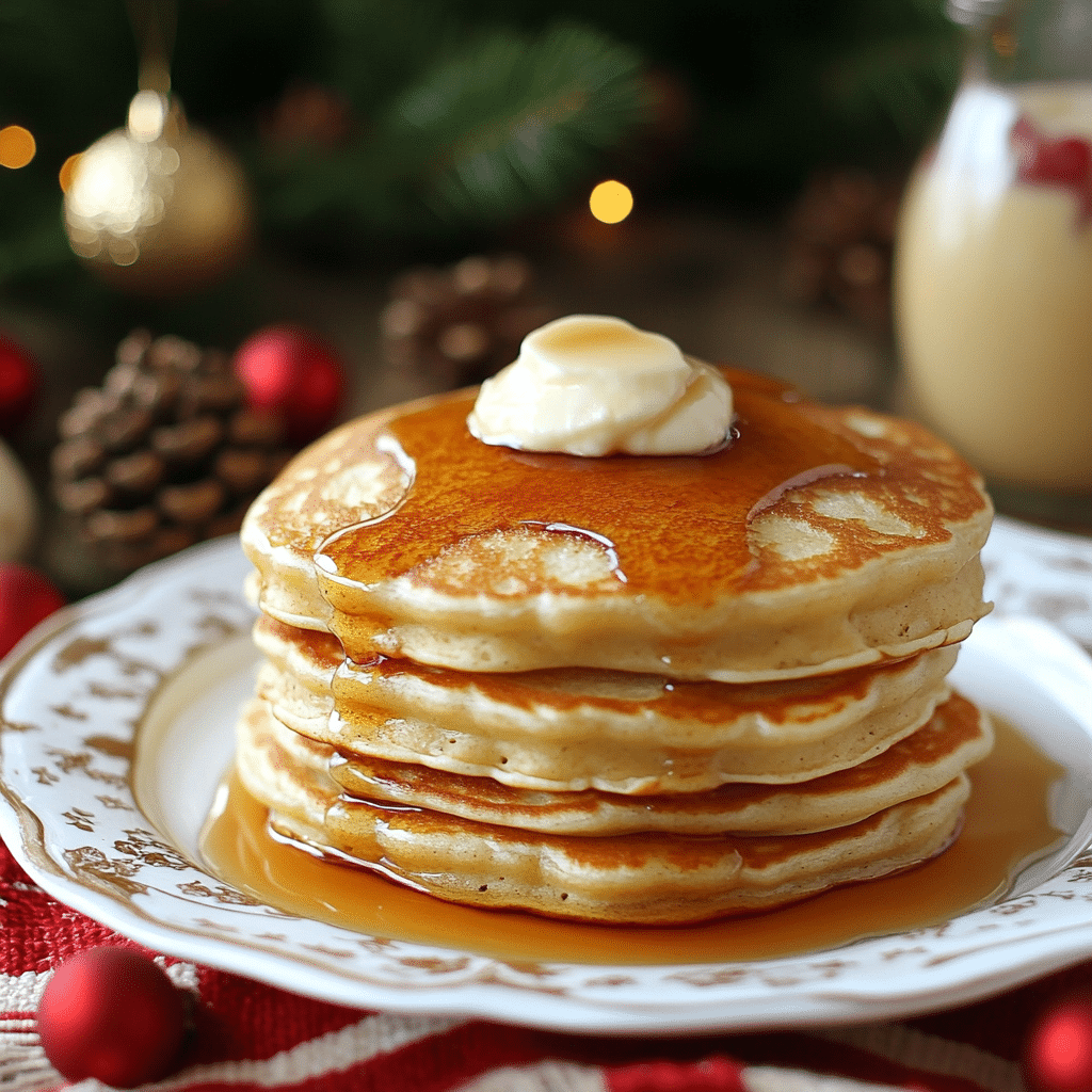 Eggnog Pancakes with Homemade Vanilla Syrup