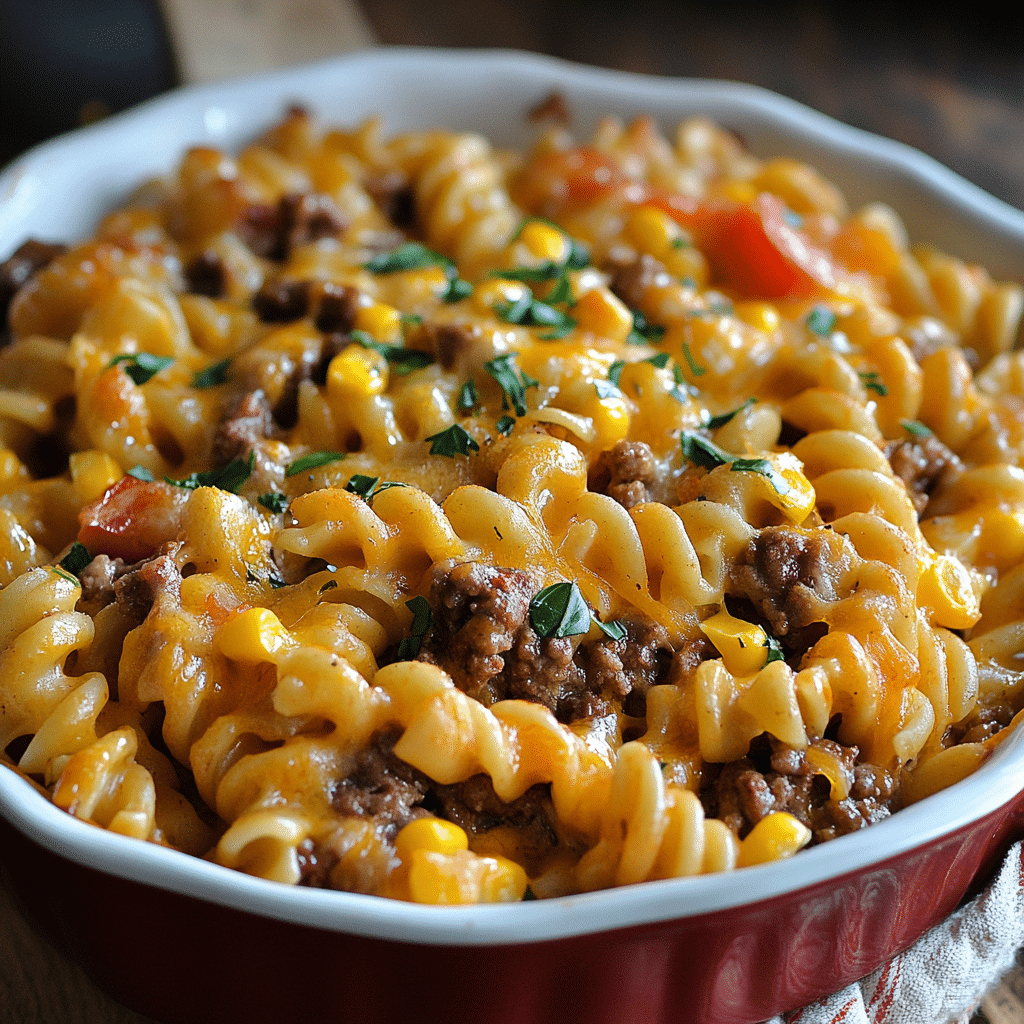 Loaded Cheddar Ranch Beef and Sweet Corn Rotini Bake