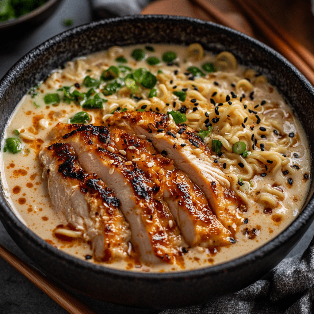 Fiery Chicken Ramen with Creamy Garlic Sauce