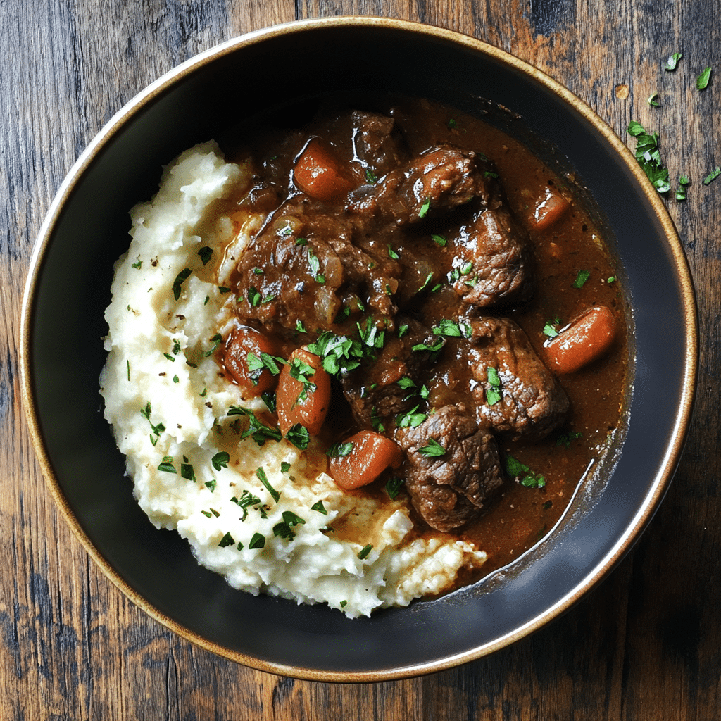 Steak and Guinness Stew with Irish White Cheddar Cauliflower Mash