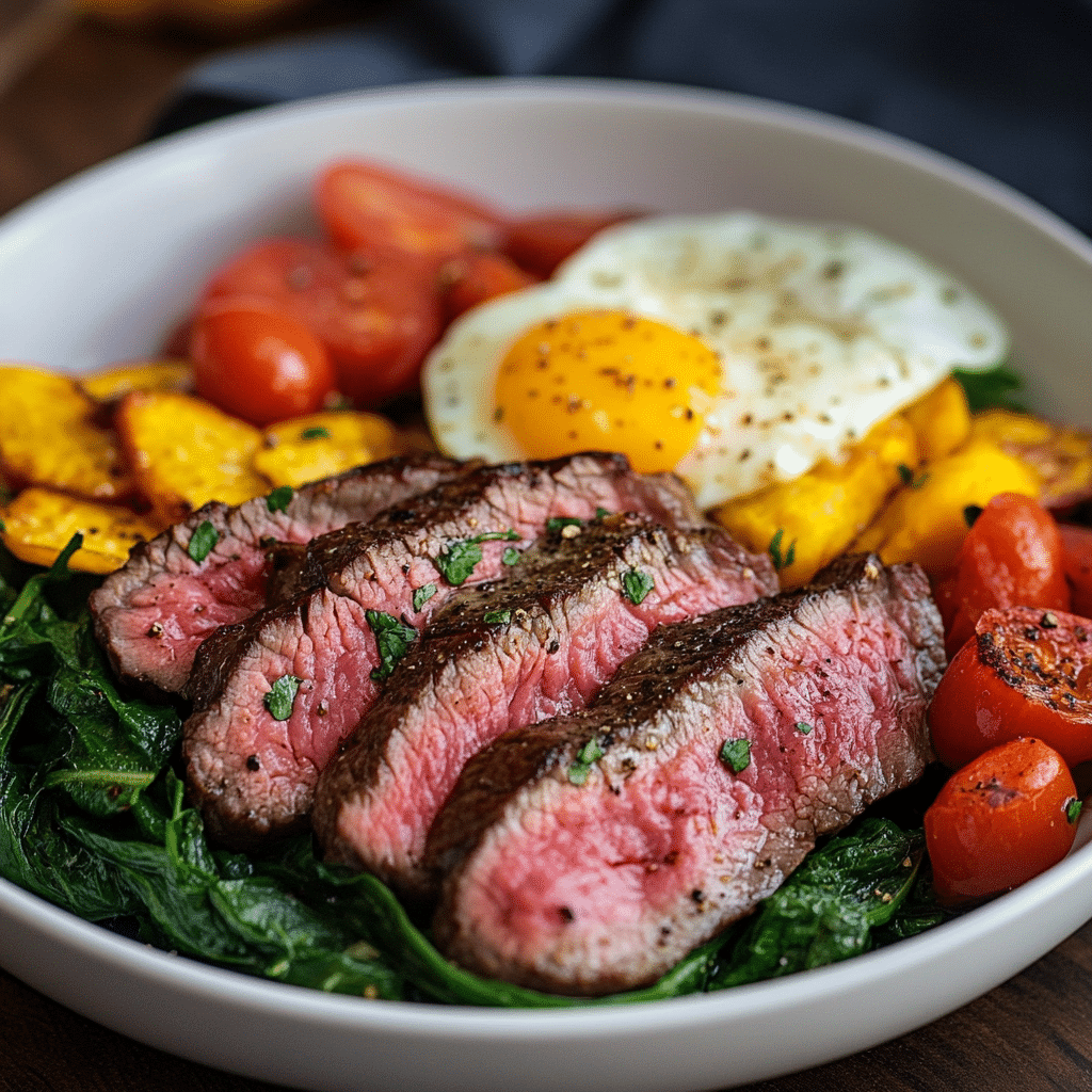 Vegetable, Steak, and Eggs