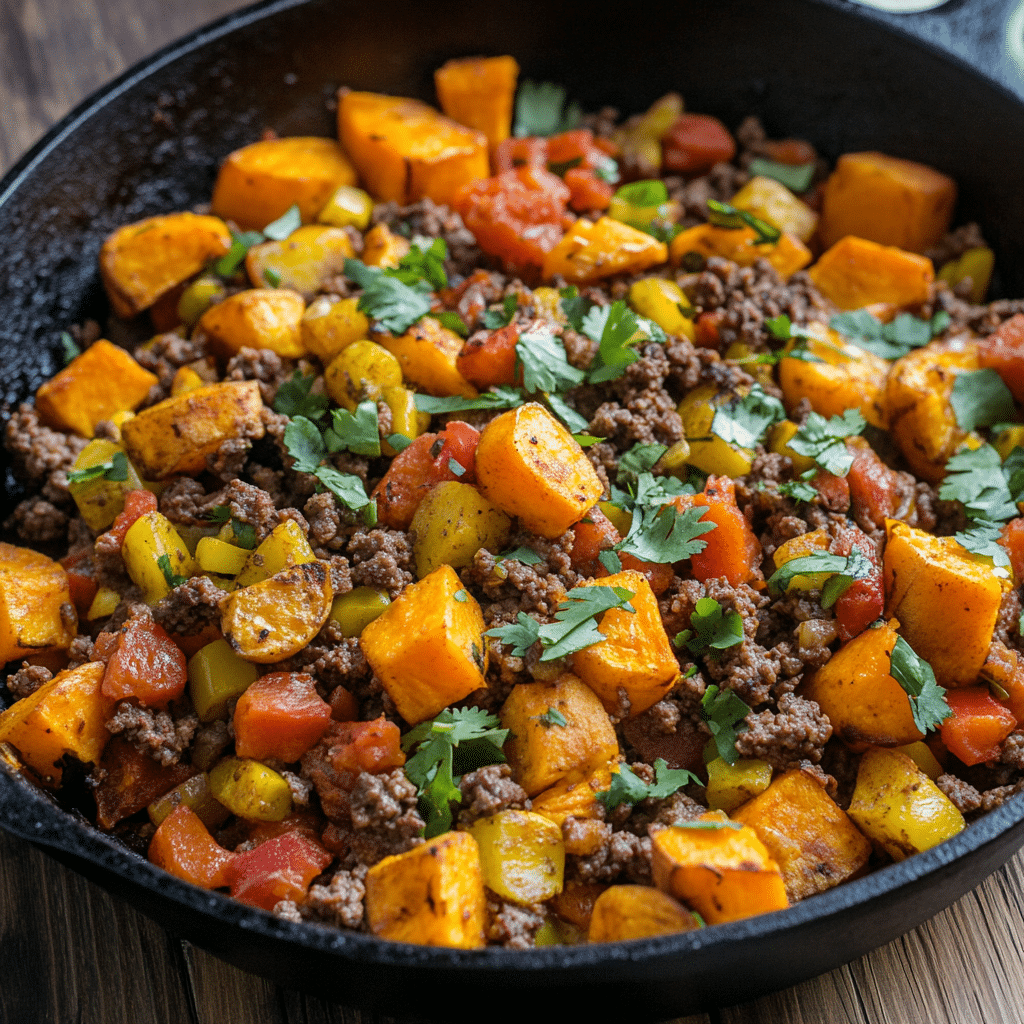 Southwest Ground Beef and Sweet Potato Skillet