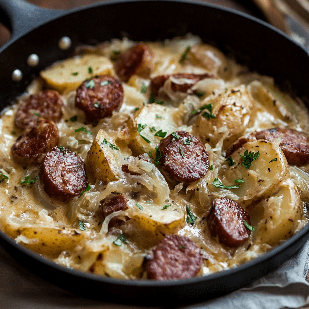 Creamy Sausage, Potato, and Sauerkraut Skillet