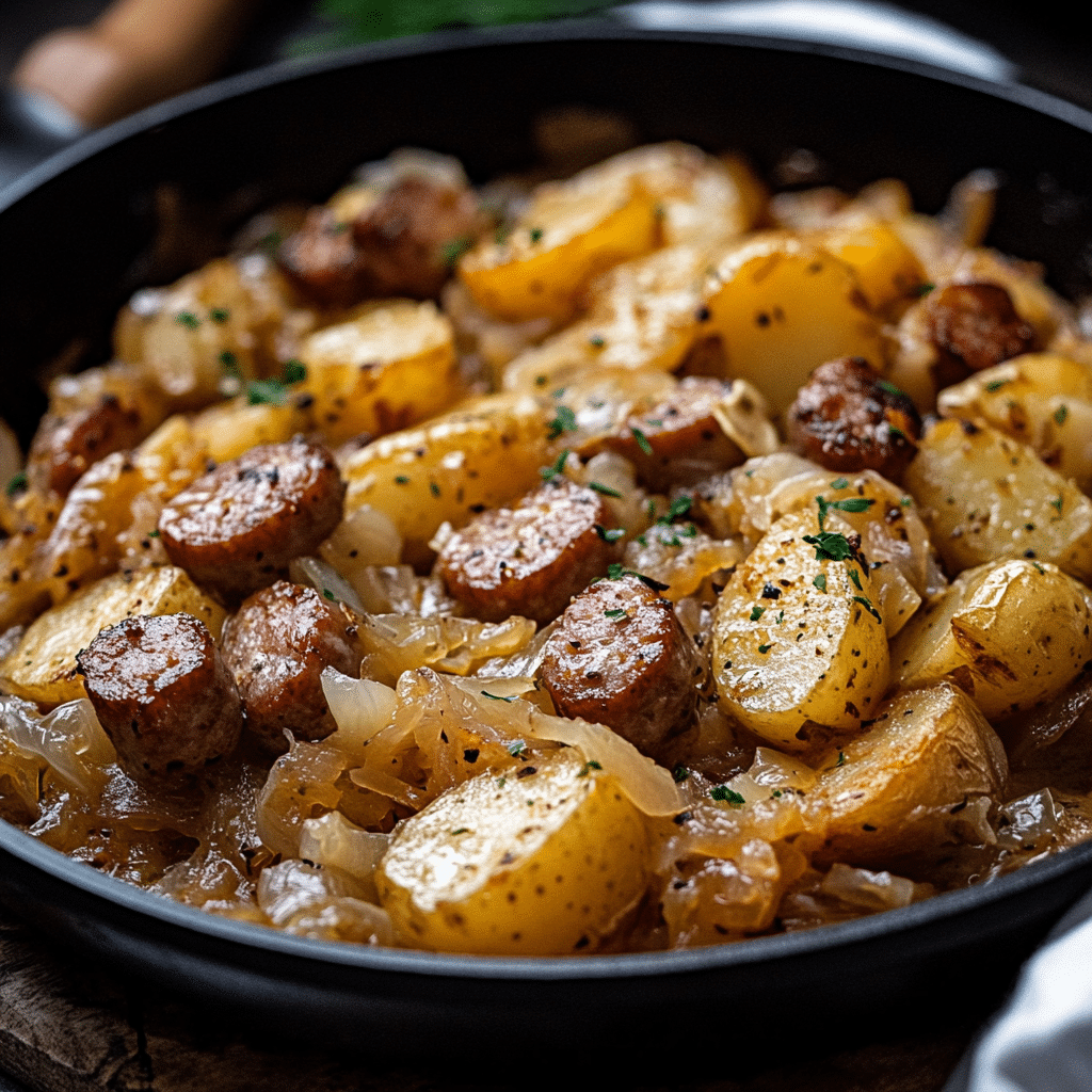 Creamy Sausage, Potato, and Sauerkraut Skillet