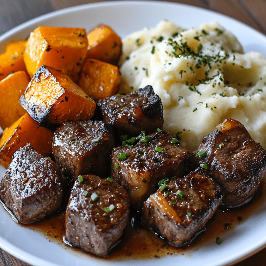 Garlic Butter Steak Bites and Cheesy Smashed Potatoes