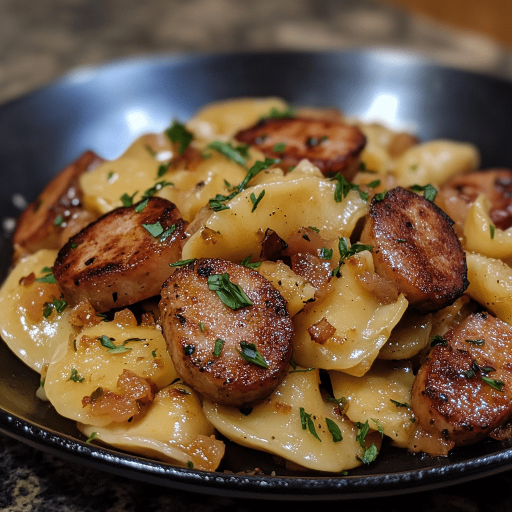 Blackstone Kielbasa and Pierogies