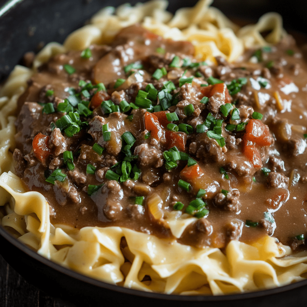 Hamburger Gravy with Garlic Chive Noodles