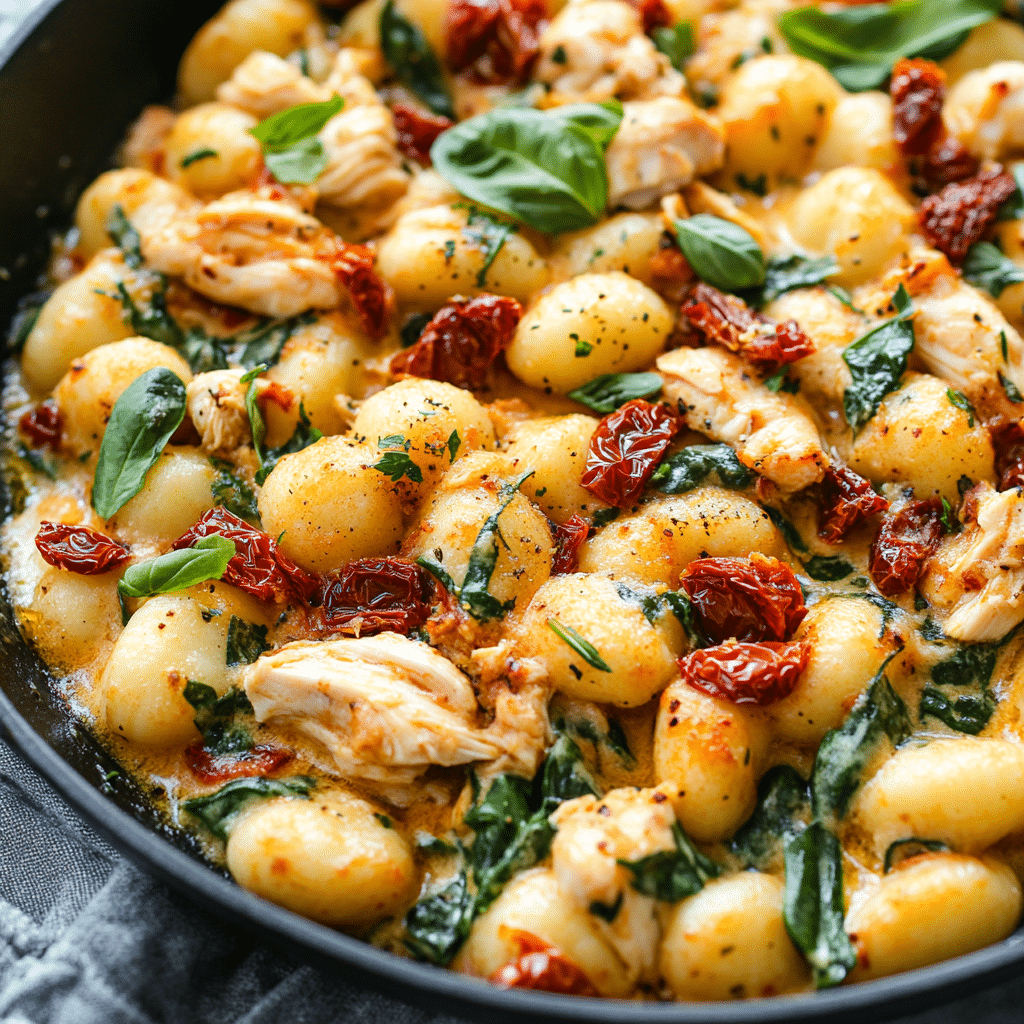 One Skillet Sun Dried Tomato Chicken and Gnocchi