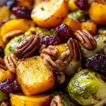 Roasted Brussels Sprouts and Cinnamon Butternut Squash with Pecans and Cranberries