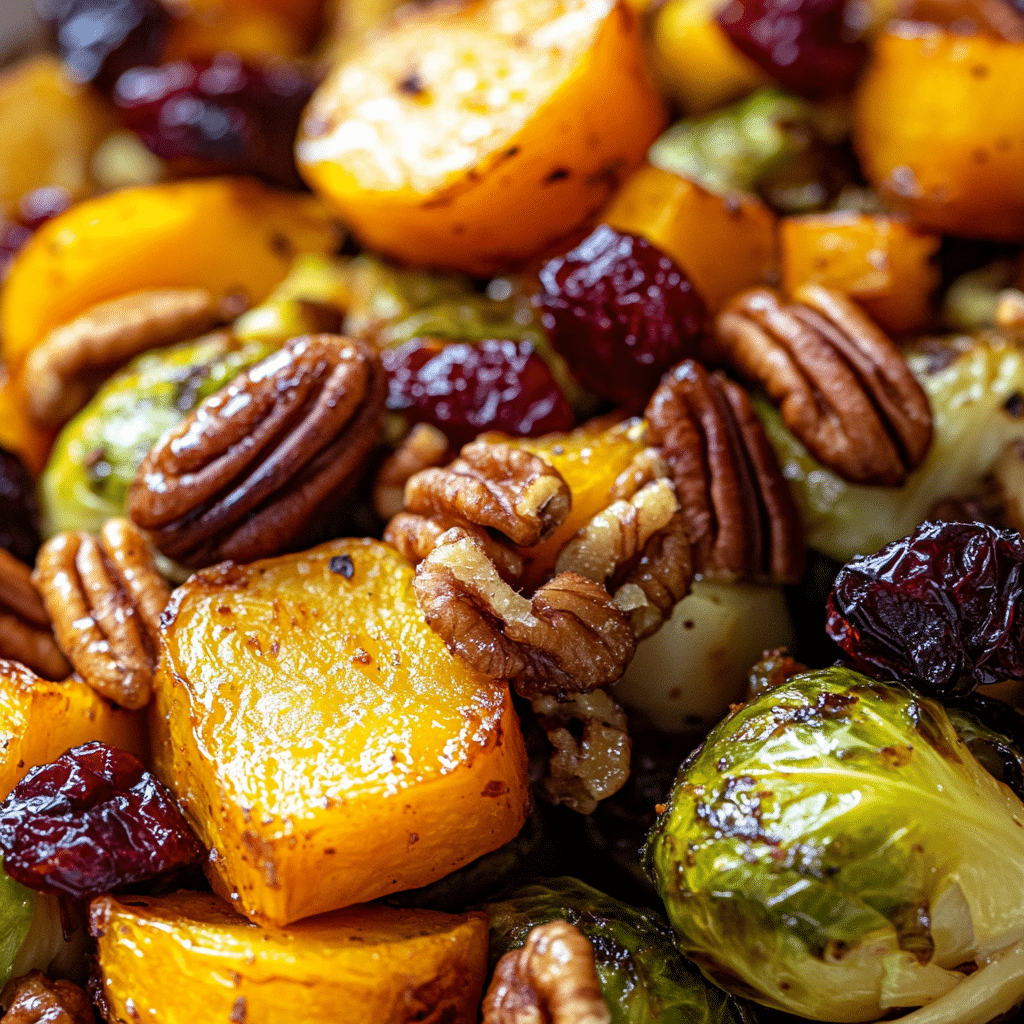 Roasted Brussels Sprouts and Cinnamon Butternut Squash with Pecans and Cranberries