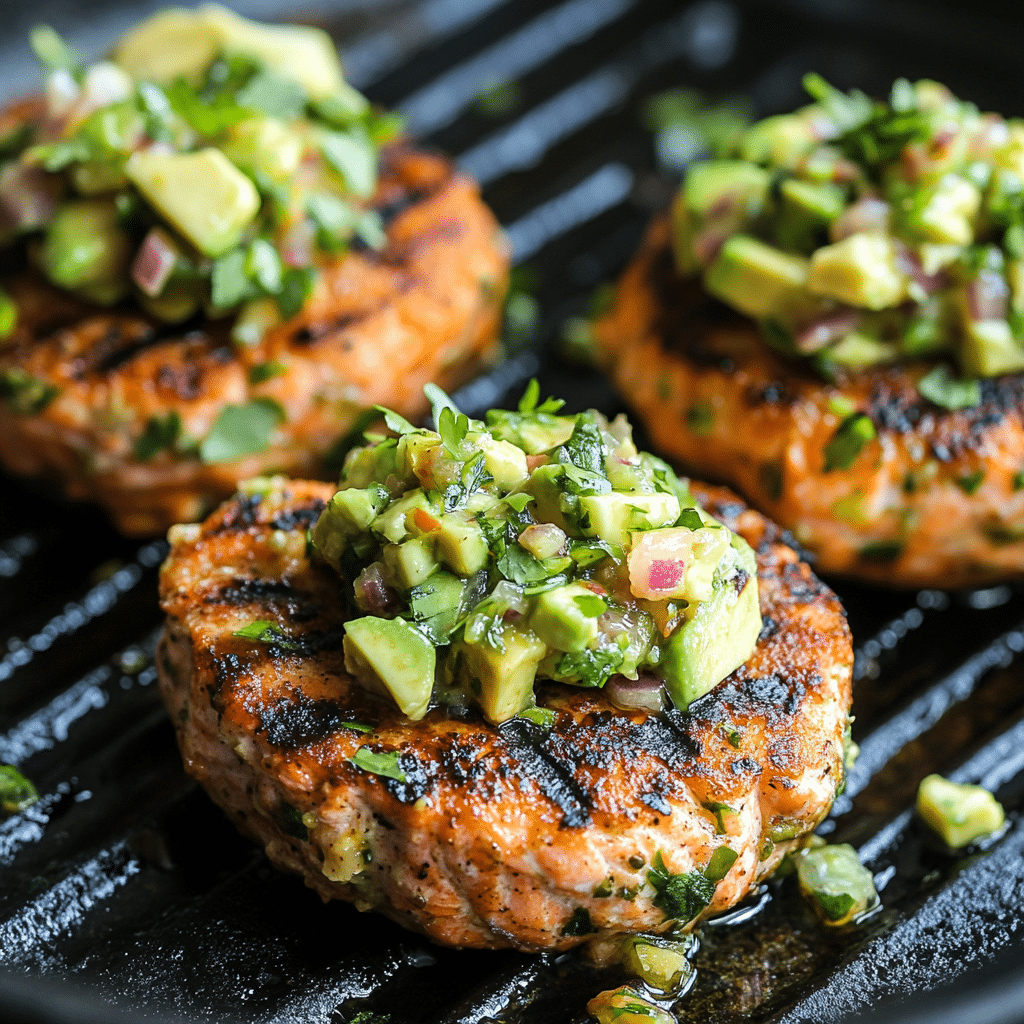 Grilled Salmon Burgers with Avocado Salsa