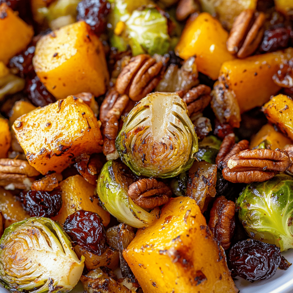 Roasted Brussels Sprouts and Cinnamon Butternut Squash with Pecans and Cranberries