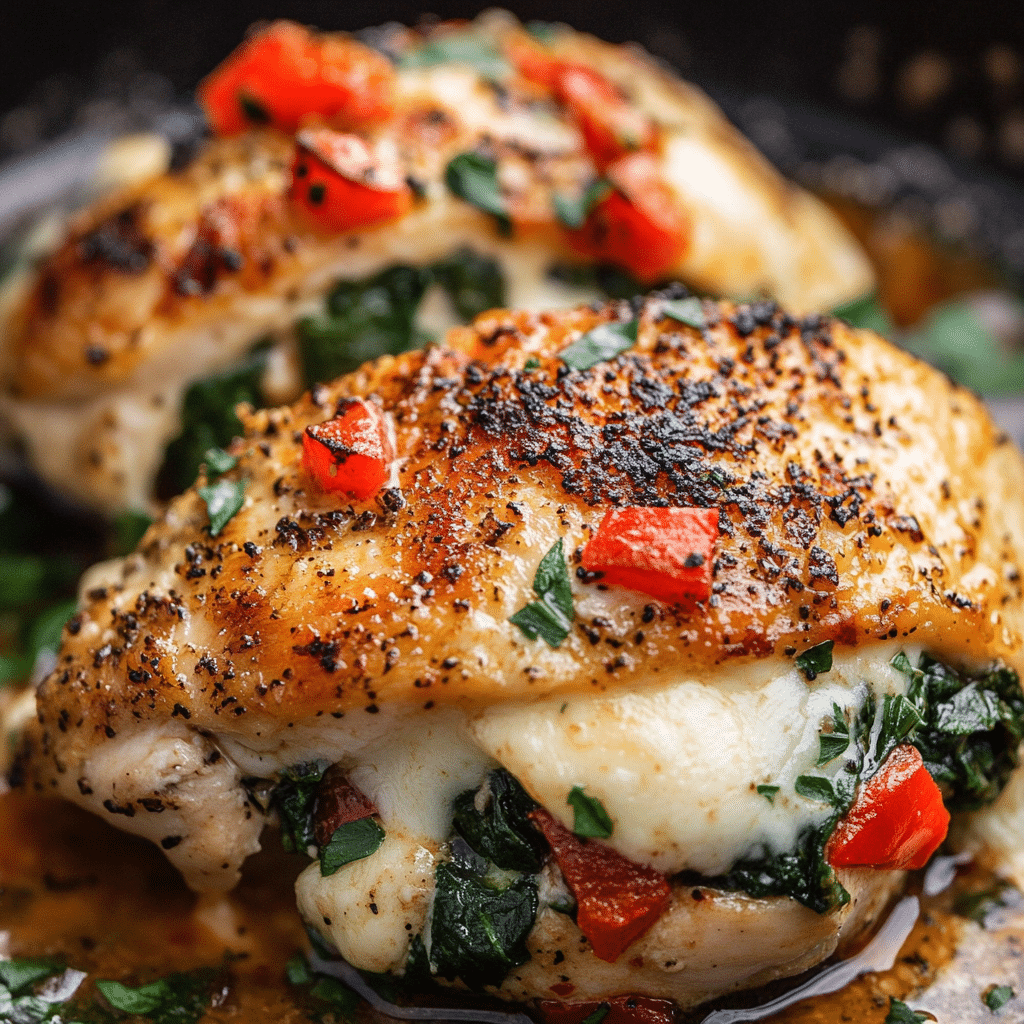 Roasted Red Pepper, Spinach, and Mozzarella Stuffed Chicken