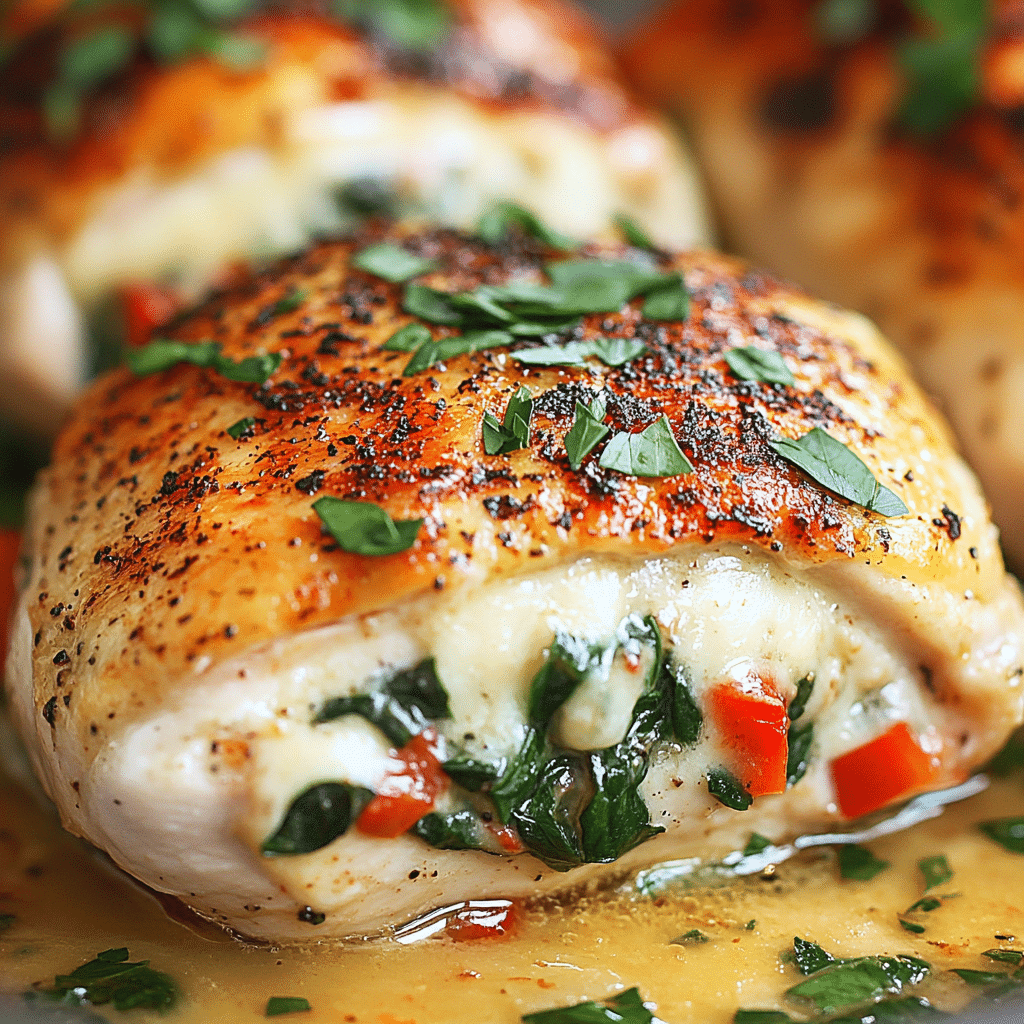 Roasted Red Pepper, Spinach, and Mozzarella Stuffed Chicken