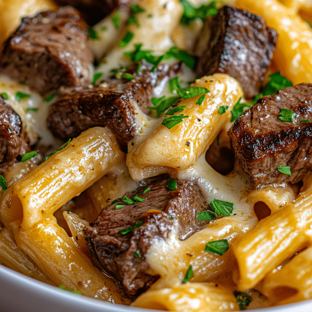 Garlic Butter Steak Tips with Cheesy Rigatoni