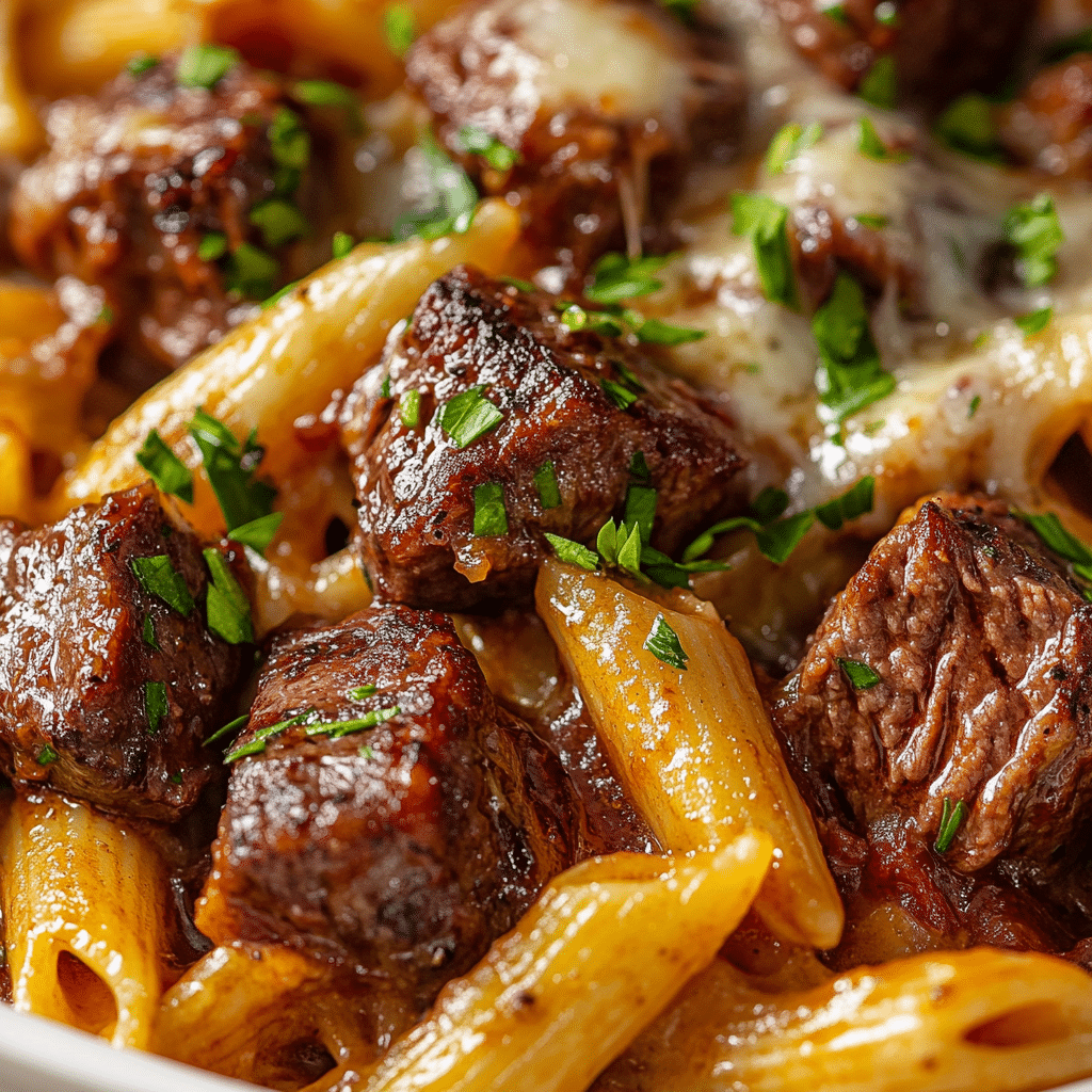 Garlic Butter Steak Tips with Cheesy Rigatoni