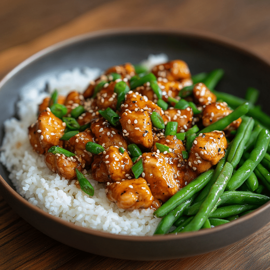 Sesame Chicken with Green Beans and Rice