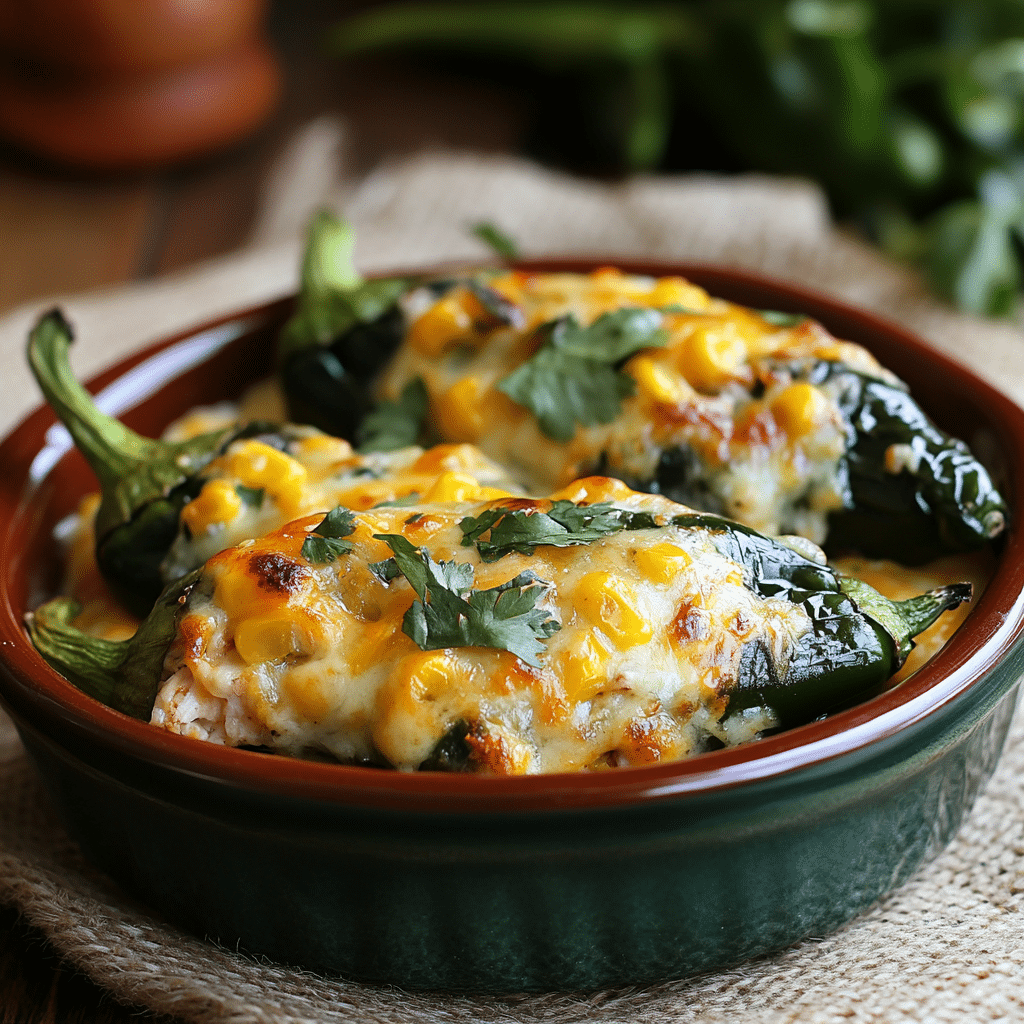 Cheesy Chicken and Corn Stuffed Poblano Peppers